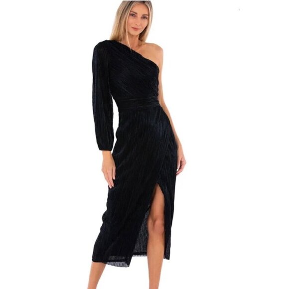SAYLOR Alora Plissé One Shoulder Midi Dress Black Metallic Womens Size Small - Picture 2 of 11